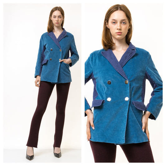 Vintage Corduroy Jacket 80s Women Blue Purple Jacket Zip Up Women Outerwear Spring Casual Minimalist 80s Streetwear Clothing Size Small S