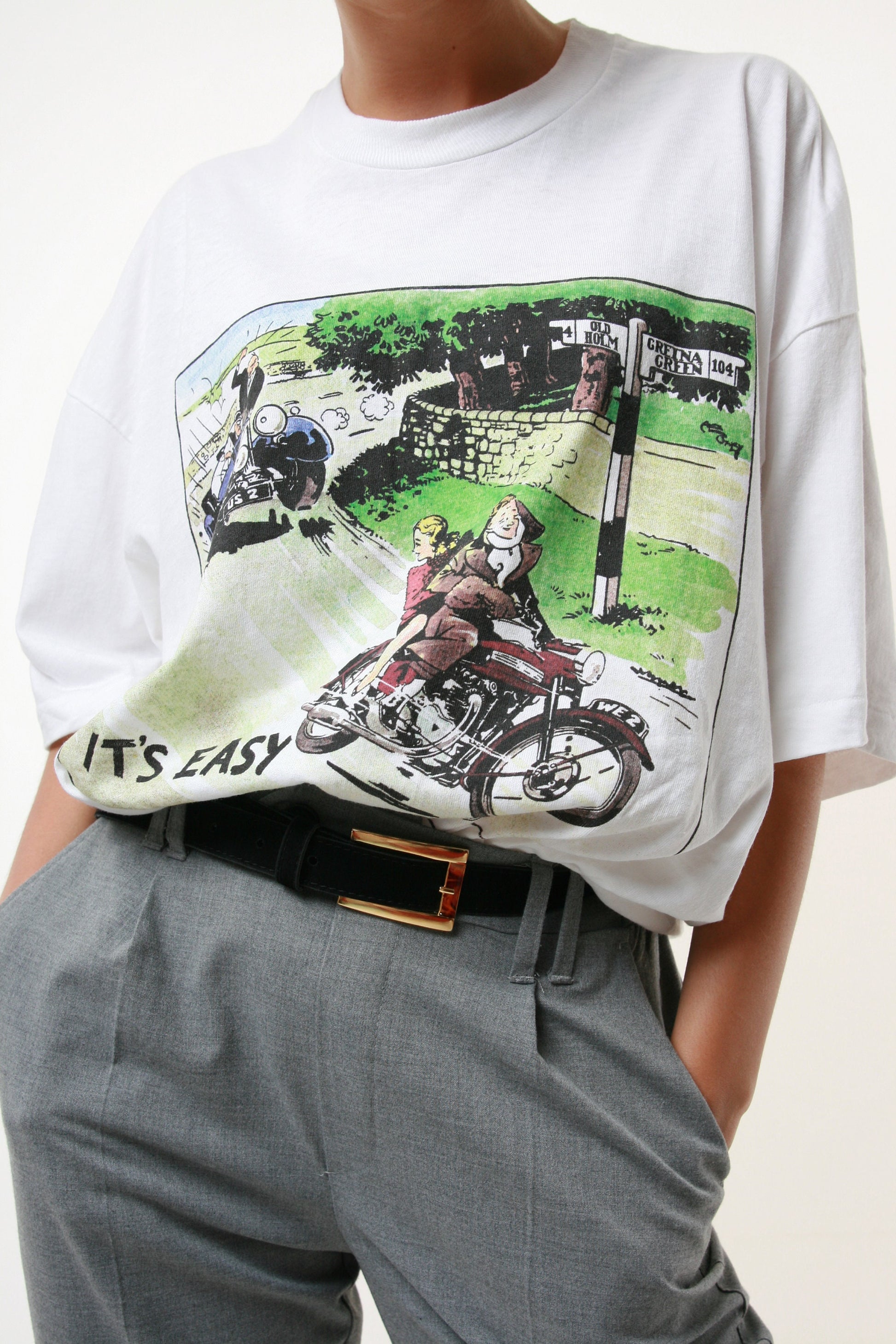 Cotton Triumph Rare 90s Vintage White Graphic Print Moto Bike T-shirt 17658