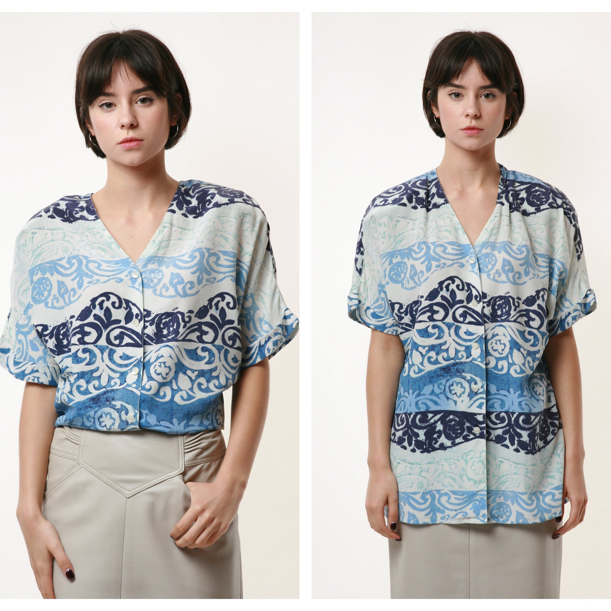 100% SILK Leightweight 80s Vintage Abstract Pattern Luxury Style Short Sleeve Shirt Blouse 1890