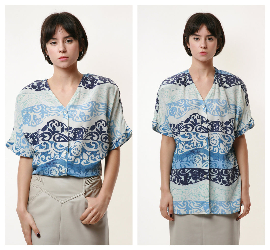 100% SILK Leightweight 80s Vintage Abstract Pattern Luxury Style Short Sleeve Shirt Blouse 1890