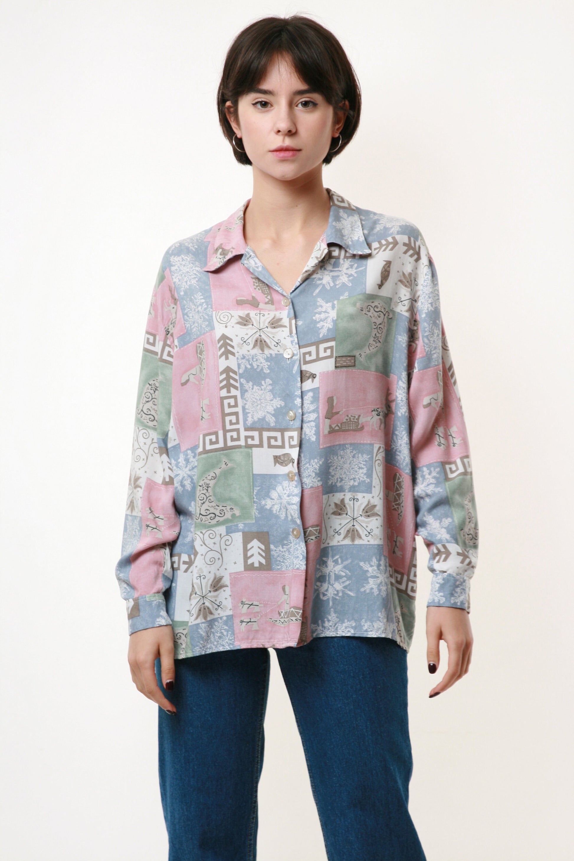 90s Vintage Abstract Pattern Oversized Shirt Blouse Long Sleeve Buttons Up 1911 SIze S