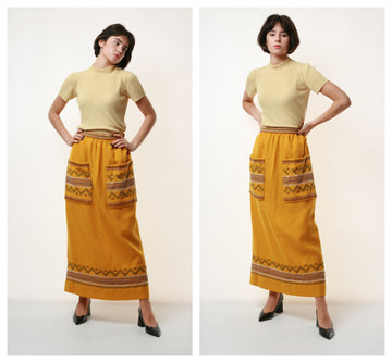 80s Vintage High Waisted Maxi Length Knit Embroidered Skirt 1972