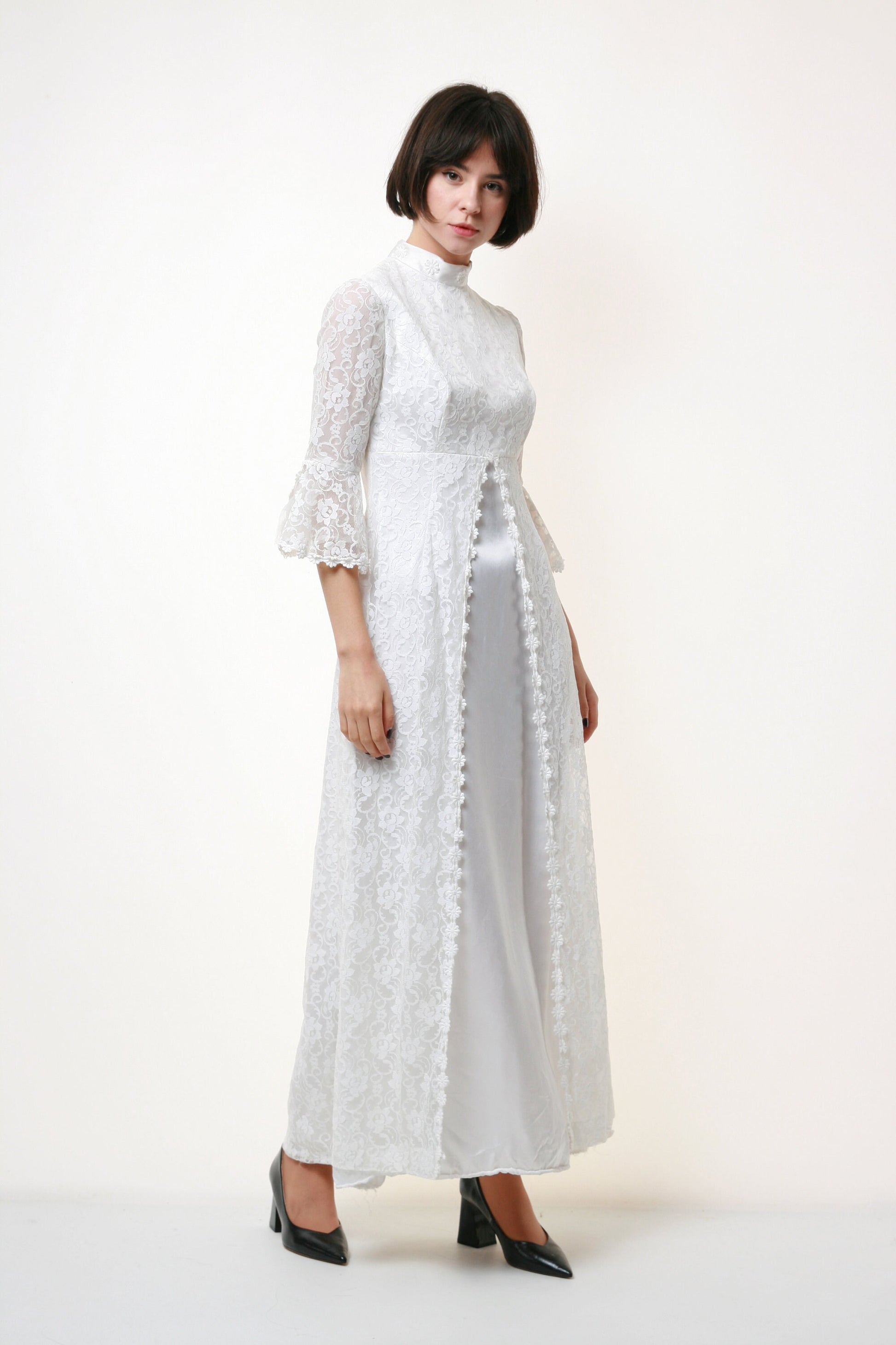 70s Vintage White Boho Maxi Lace Wedding Dress 1836