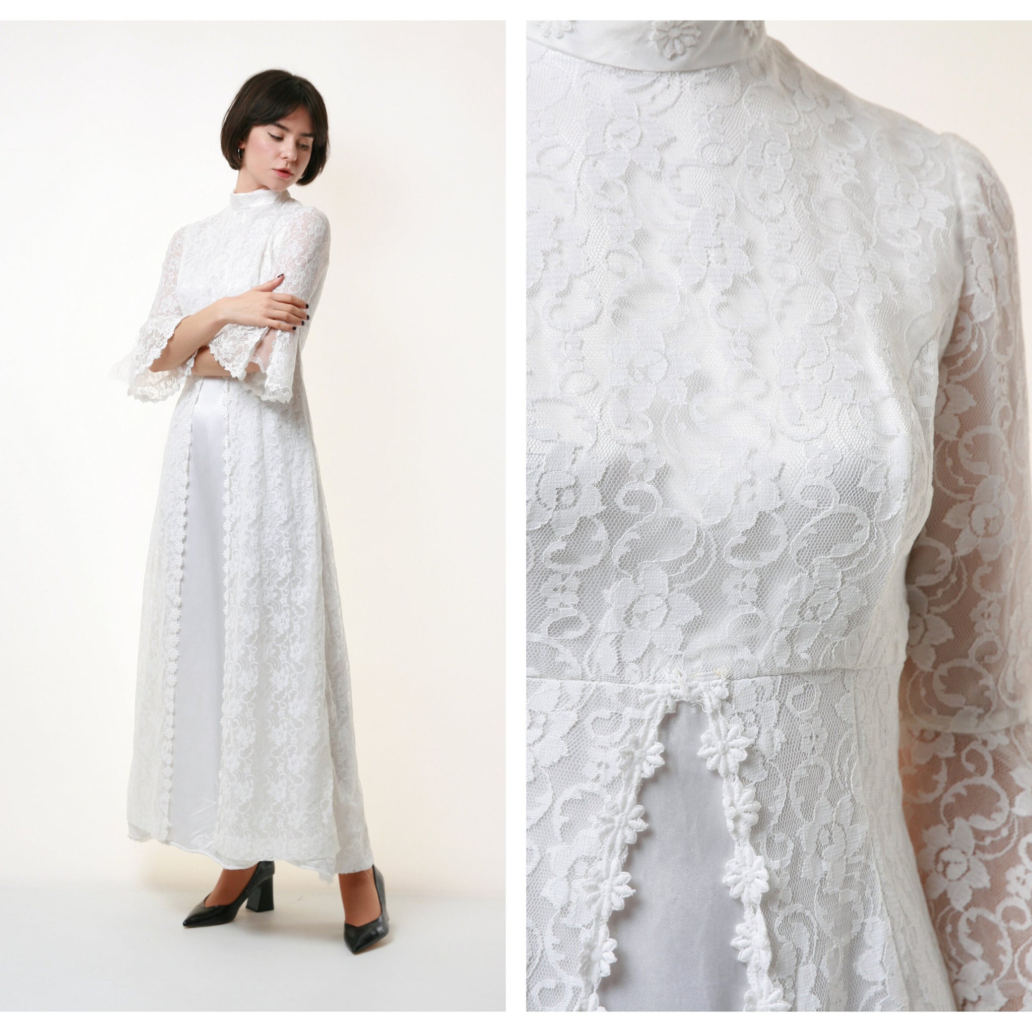 70s Vintage White Boho Maxi Lace Wedding Dress 1836