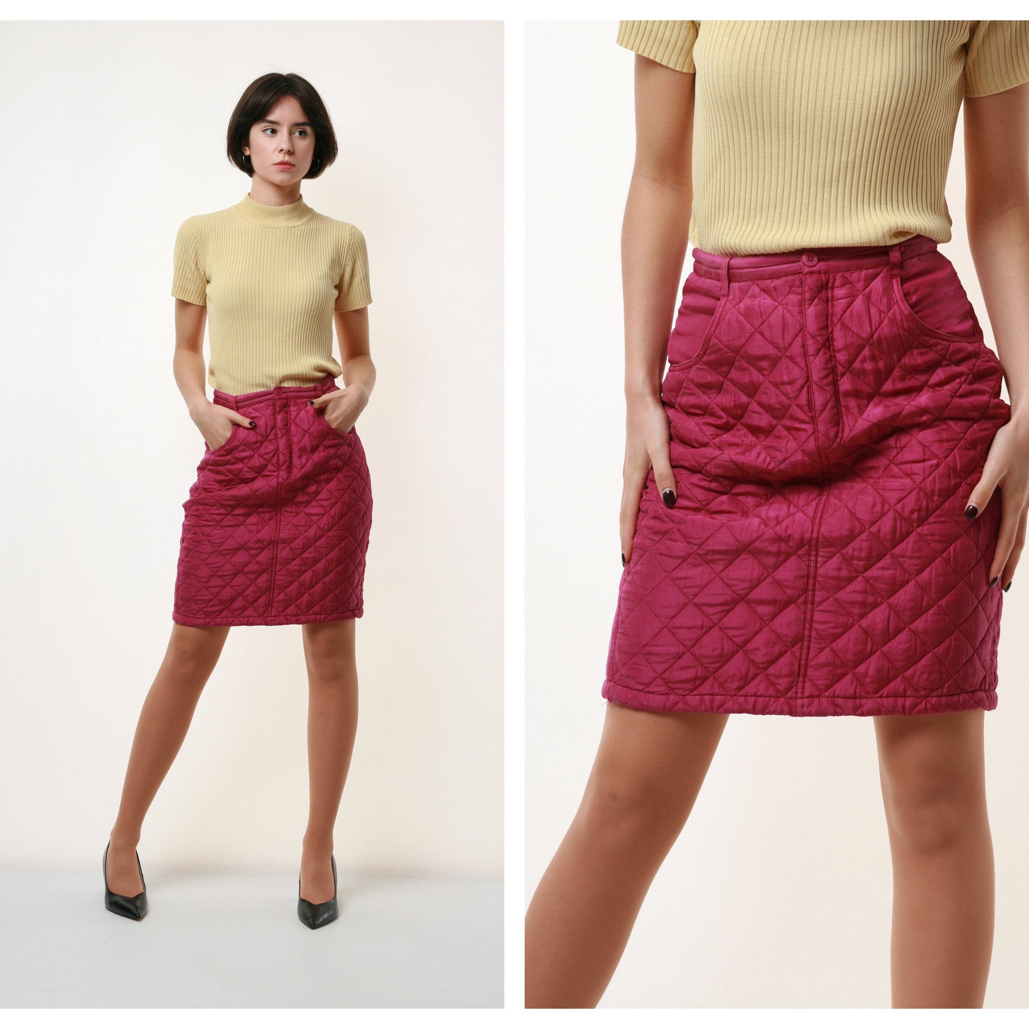 80s Vtg RetroVintage SILK Seide Soie Skirt Padded Check Mini High Waisted Pencil Skirt 1971 Size S Girlfriend Gift Present