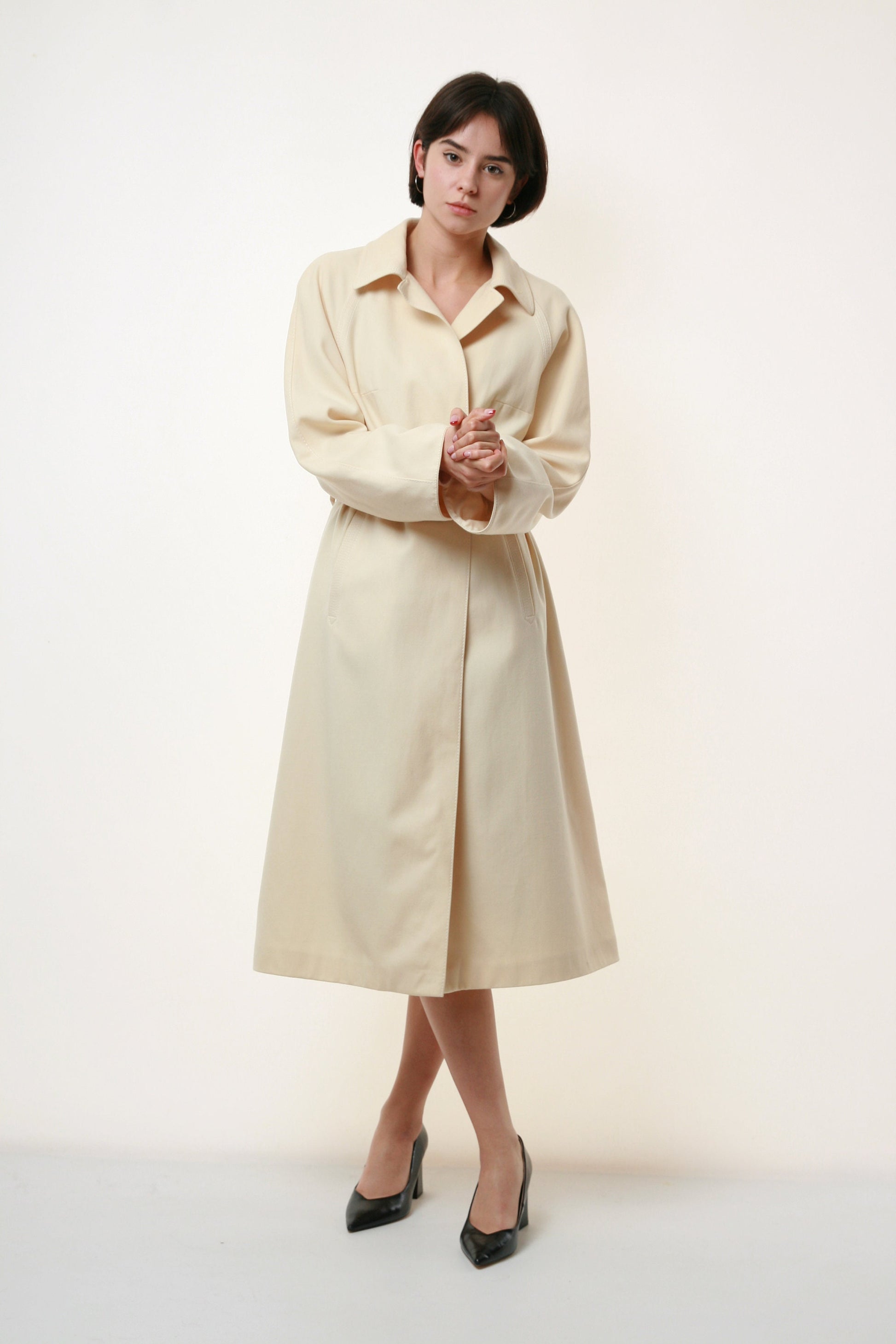 80s Vintage Pure Lana Wool Beige Luxury Long Coat 1988