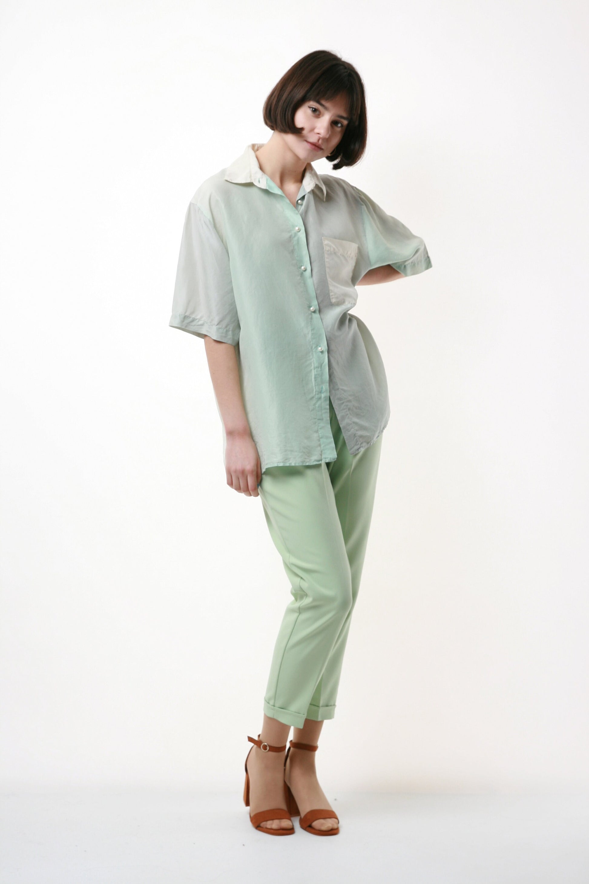 80s Vintage Ombre 100% SILK Natural Fabric Oversized Sweet Short Sleeve Shirt Blouse 1496