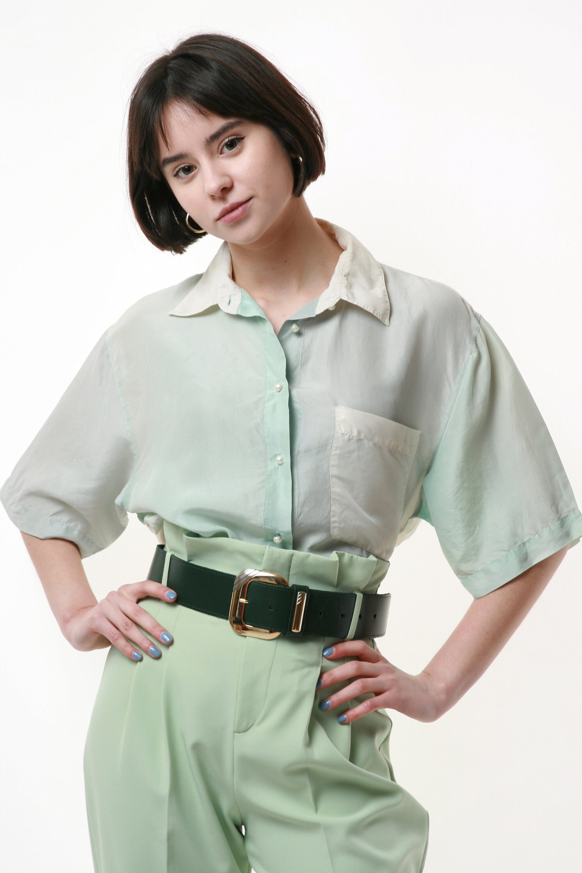 80s Vintage Ombre 100% SILK Natural Fabric Oversized Sweet Short Sleeve Shirt Blouse 1496