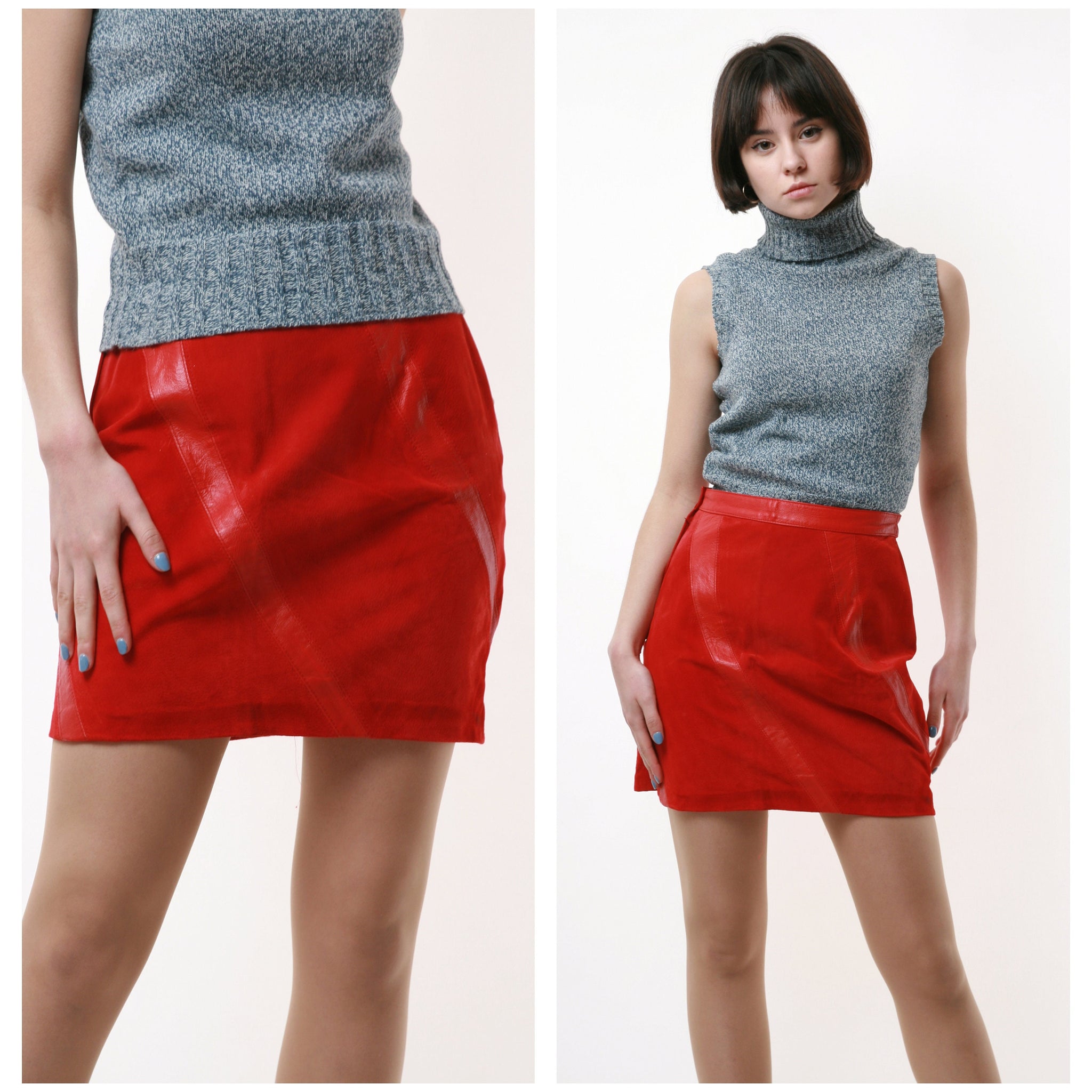 80s Vintage Red Leather Pencil Zip High Waisted Mini Skirt 1648