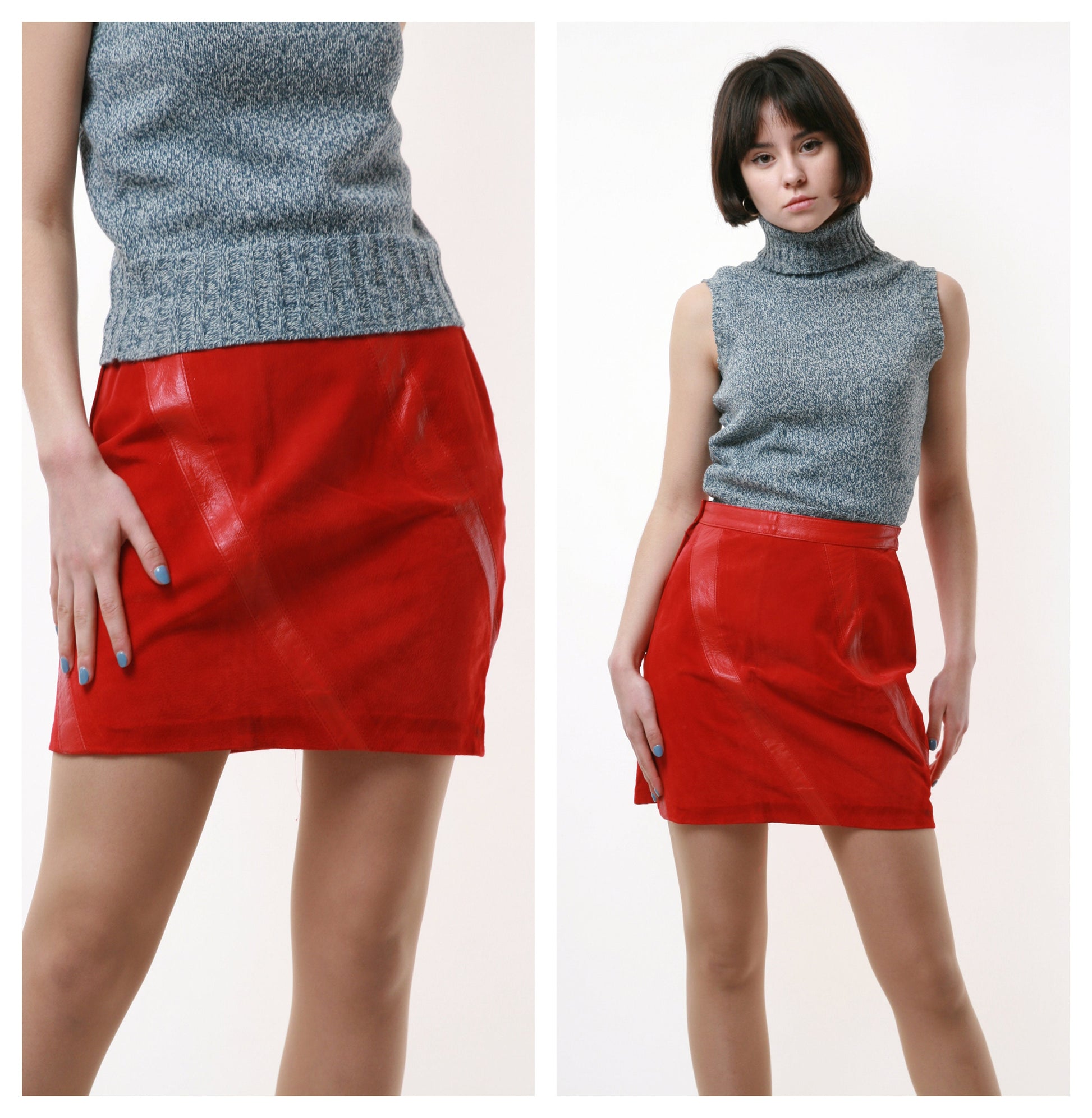 80s Vintage Red Leather Pencil Zip High Waisted Mini Skirt 1648