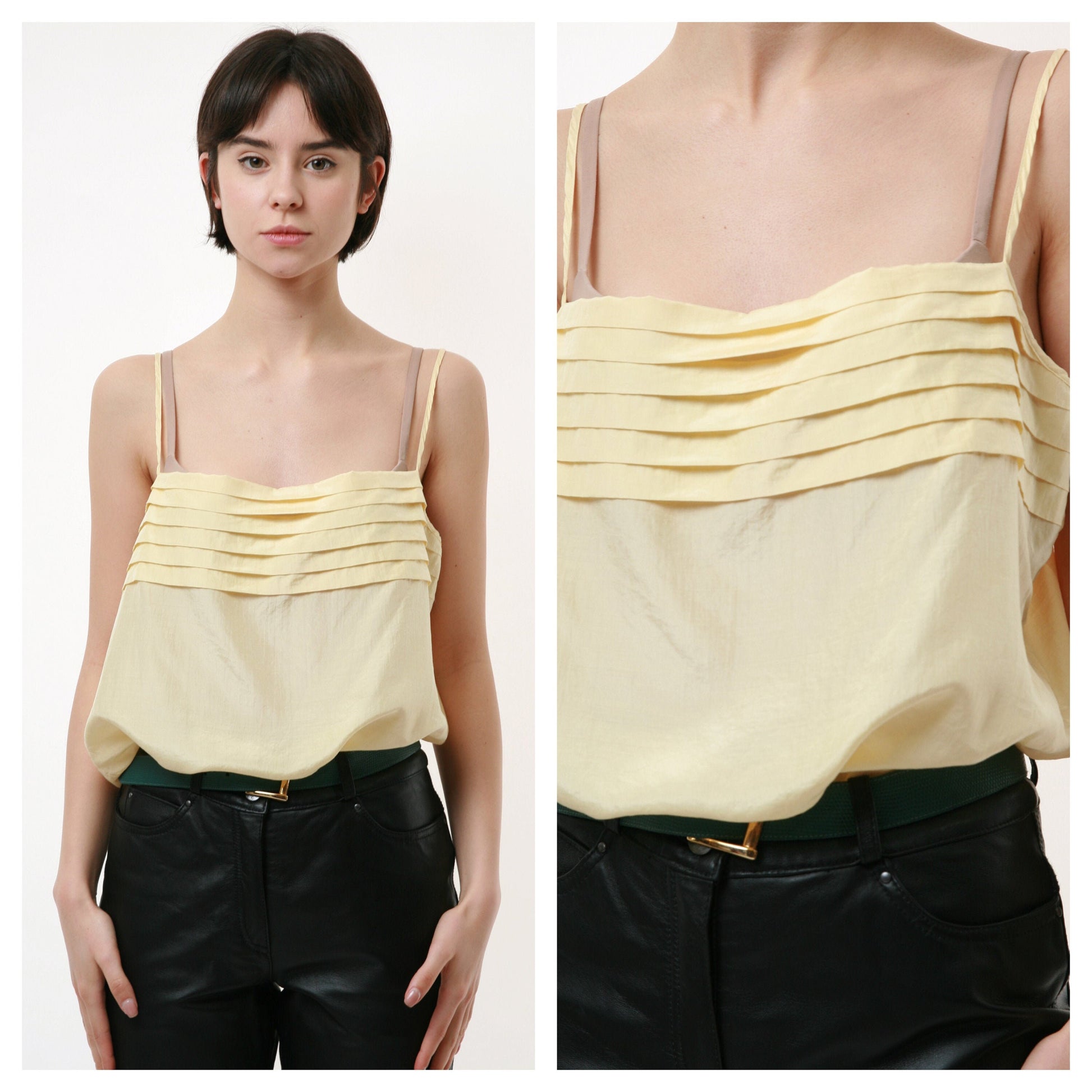 80s Vintage Silk Spaghetti Yellow Top Blouse 2136