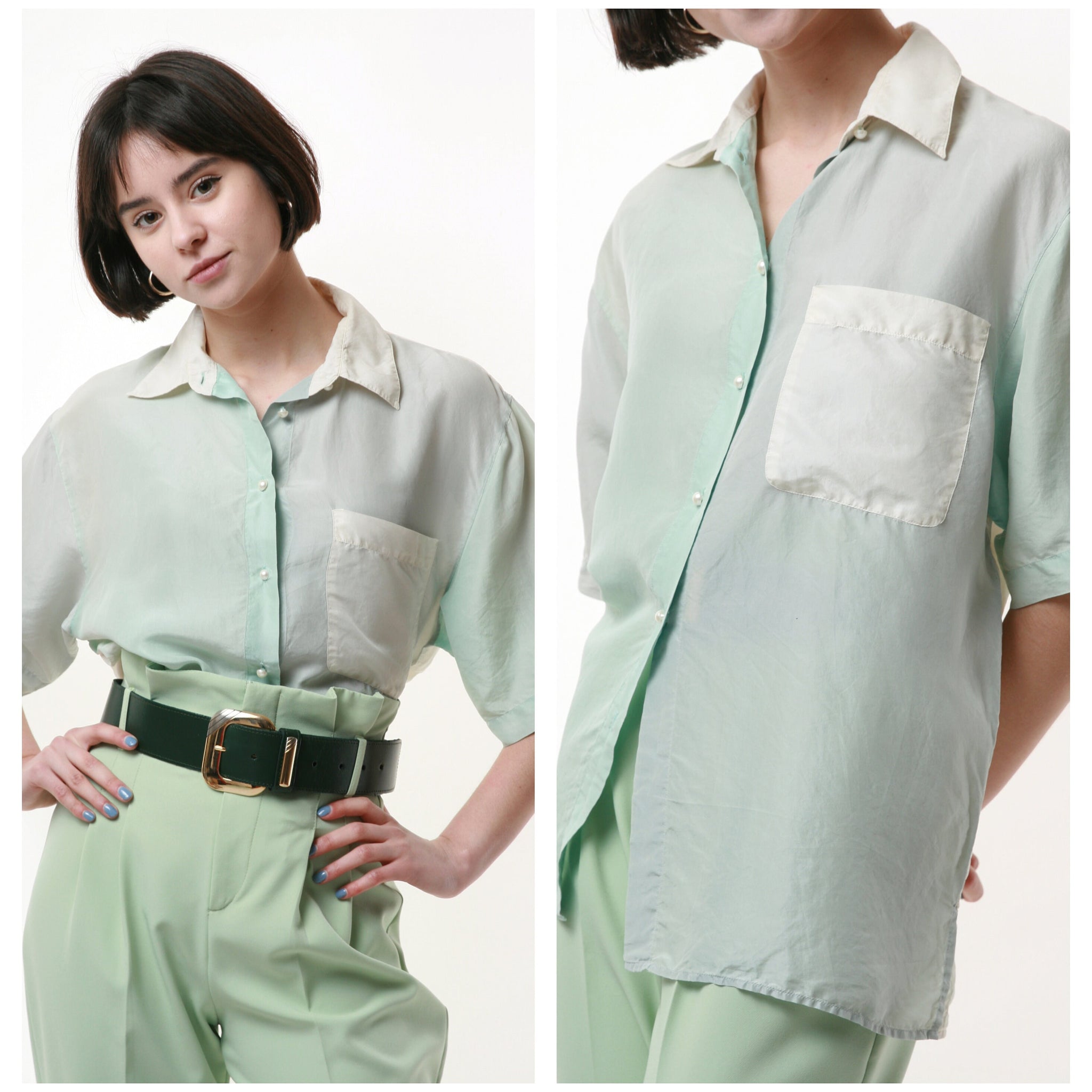 80s Vintage Ombre 100% SILK Natural Fabric Oversized Sweet Short Sleeve Shirt Blouse 1496