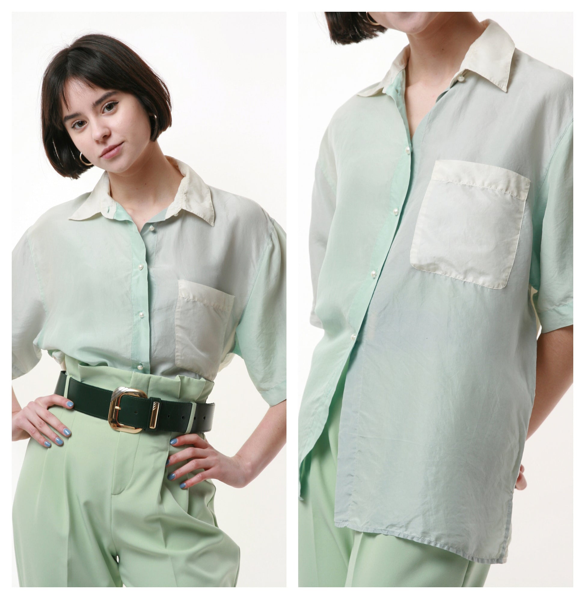 80s Vintage Ombre 100% SILK Natural Fabric Oversized Sweet Short Sleeve Shirt Blouse 1496