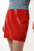 80s Vintage Red Leather Pencil Zip High Waisted Mini Skirt 1648