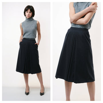 70s Vintage High Waisted Woolmark Navy Mid Length Lined Plisse Skirt 2224