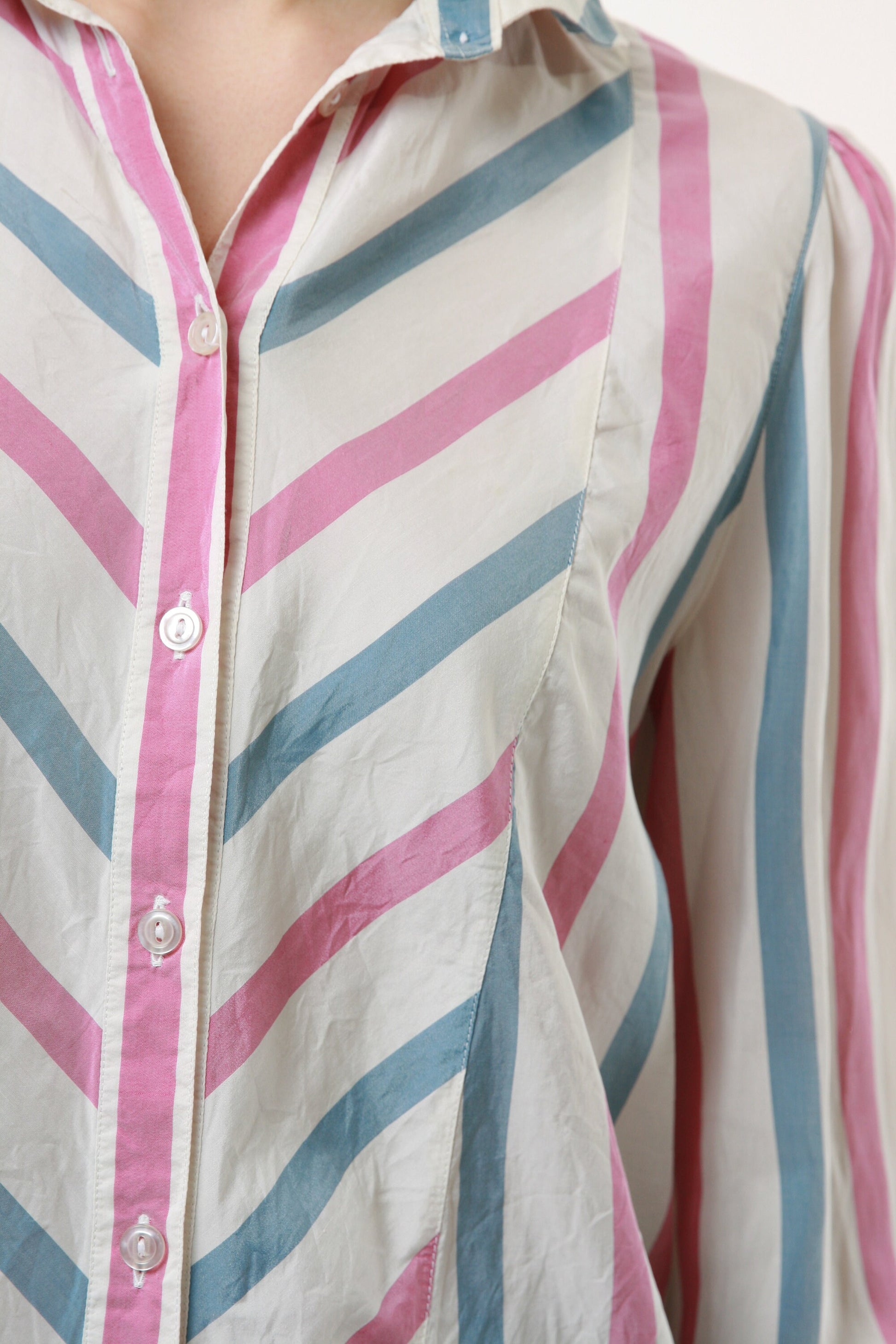 80s Vintage Vtg Rare Striped Silk Long Sleeve Buttons Up Shirt Blouse 2116