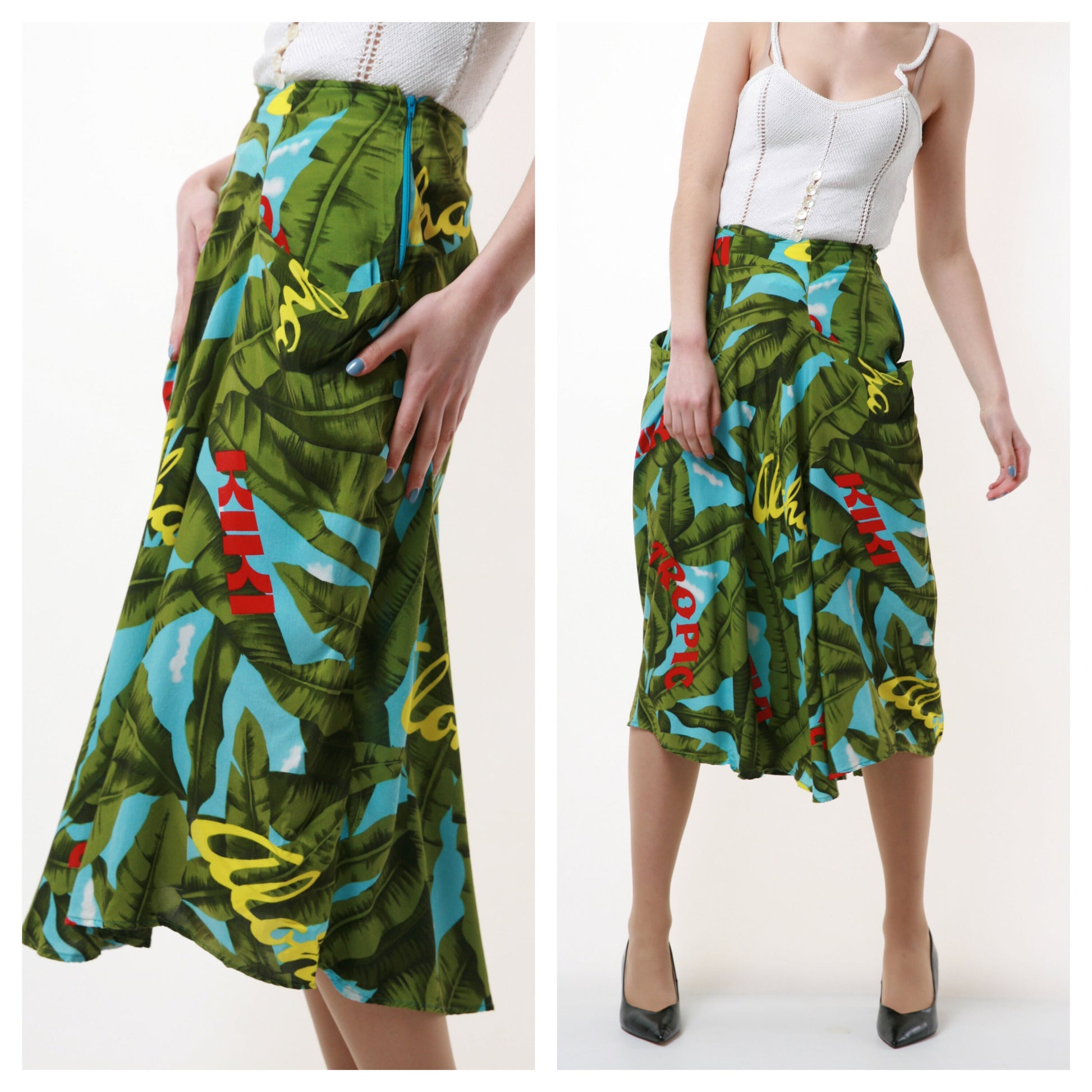 80s Vintage Emporio Armani High Waisted Tropical Floral Midi SKirt 1565