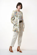 80s Vintage Floral Print Linen Long Blazer Jacket Long Sleeve Buttons Up Outwear Womens Style Size Xs S 1532