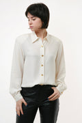 80s Vintage 100% SILK Natural Gold Buttons Up Long Sleeve Blouse Shirt with Padded Shoulders 2316