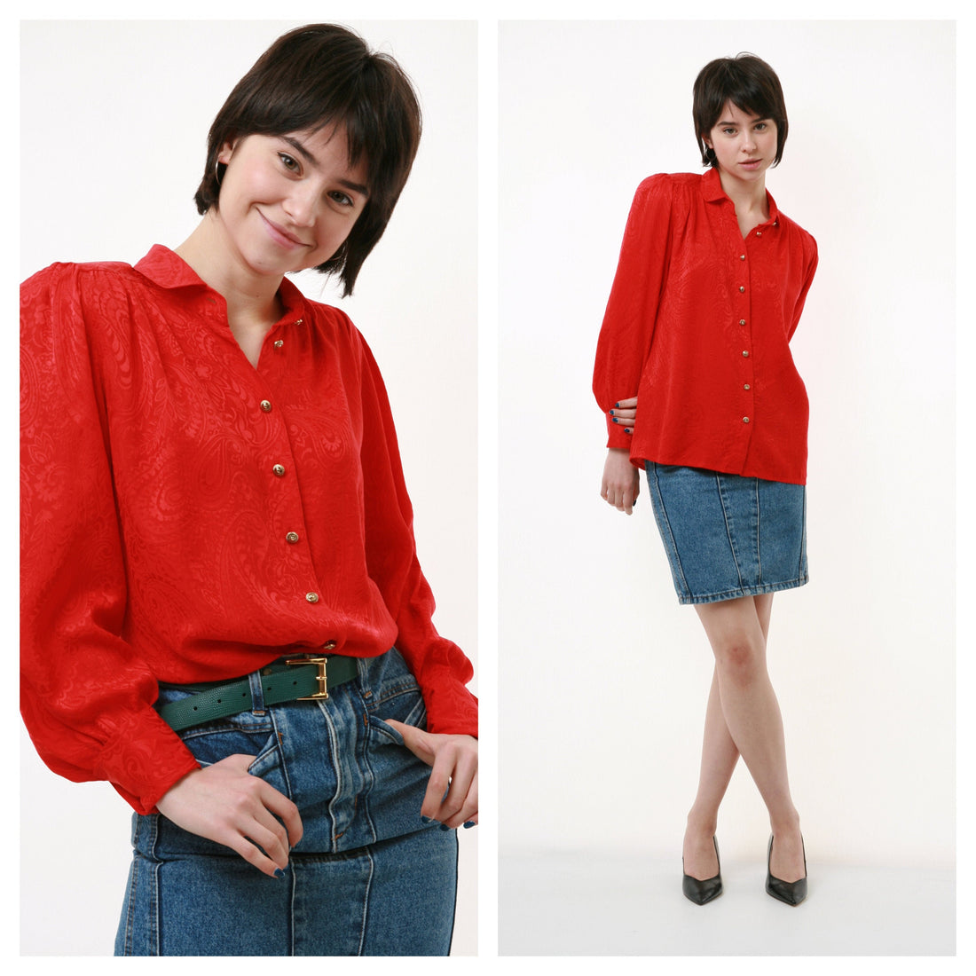 80s Vintage 100% SILK Natural Gold Buttons Up Long Sleeve Blouse Shirt in red 2335