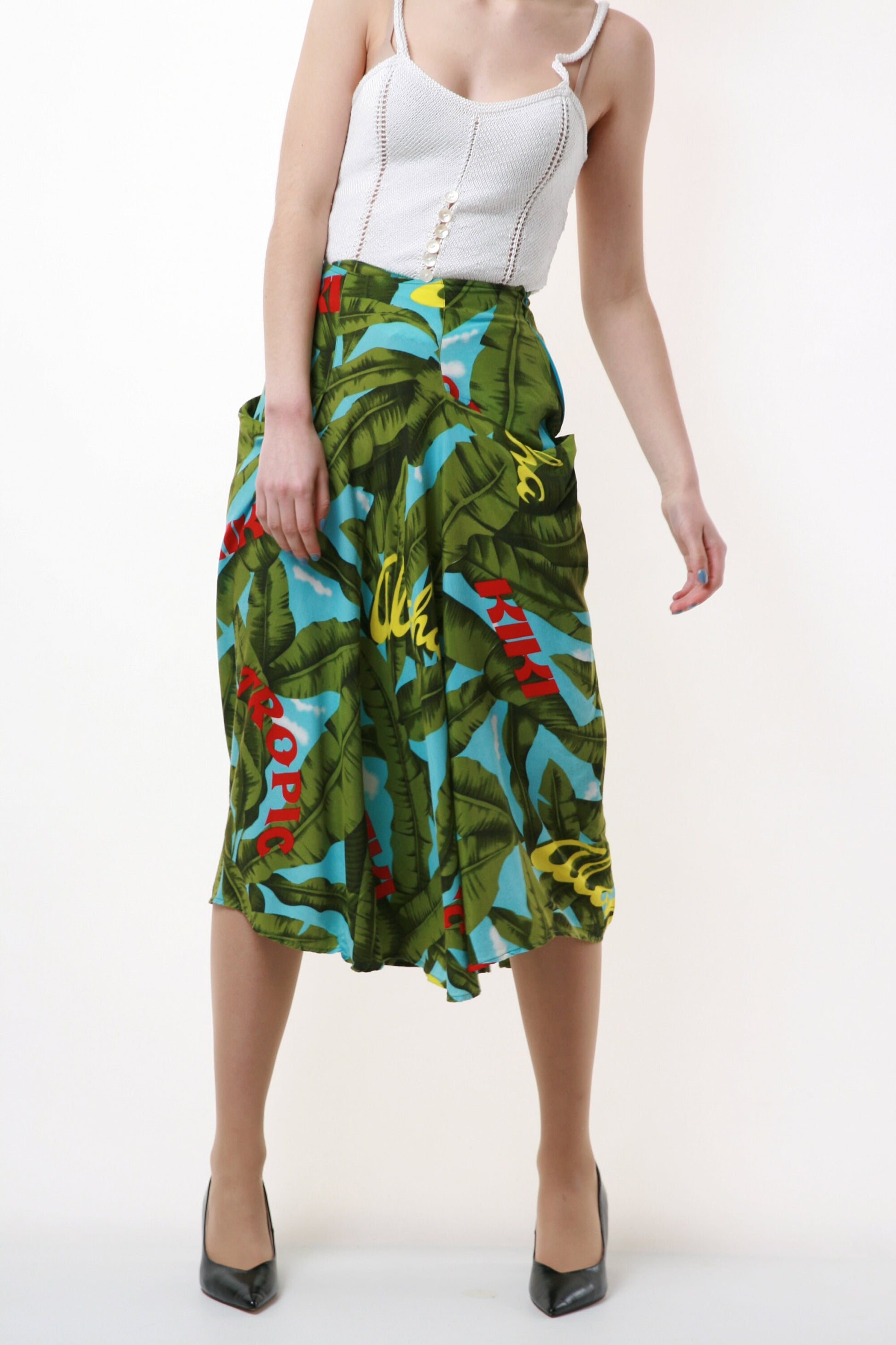 80s Vintage Emporio Armani High Waisted Tropical Floral Midi SKirt 1565