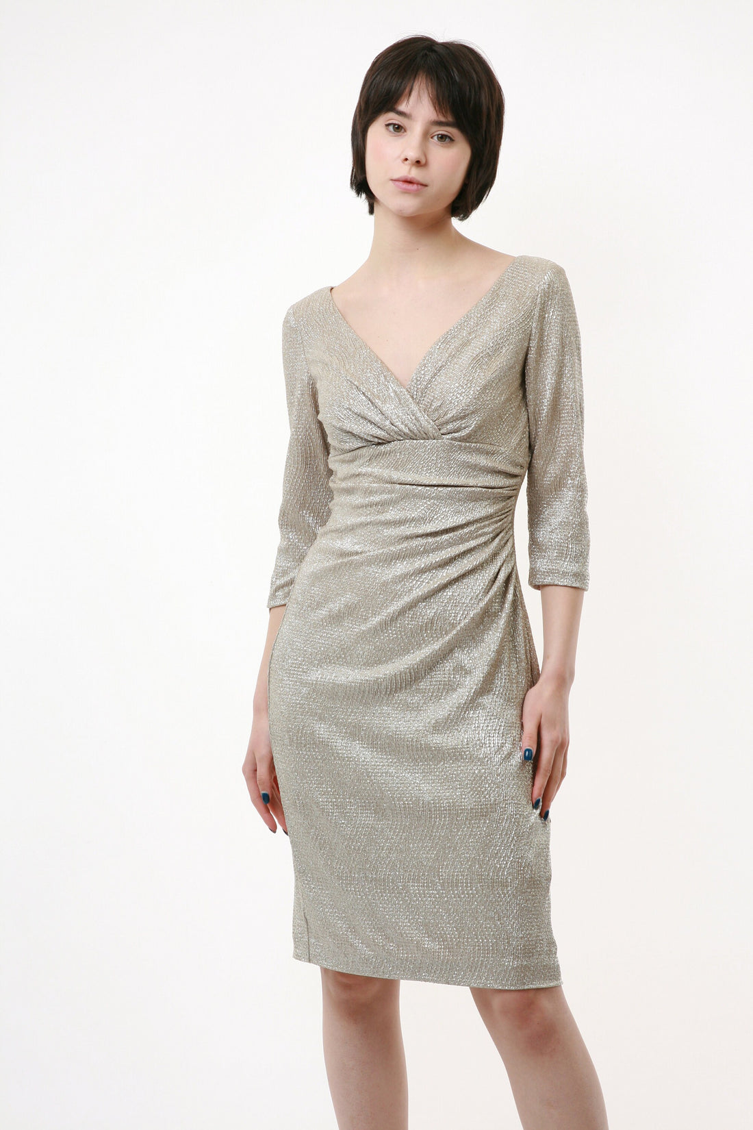 90s Silver Zip Mini Above the Knee Long Sleeves Pencil Evening Wrap Dress 2404 Girlfriend Gift