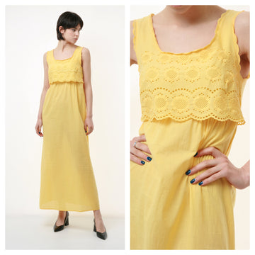 80s Vintage Vtg Rare Summer Sundress Sleeveless Yellow Midi Length Tie Waist 2417 Girlfriend Gift