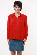 80s Vintage 100% SILK Natural Gold Buttons Up Long Sleeve Blouse Shirt in red 2335