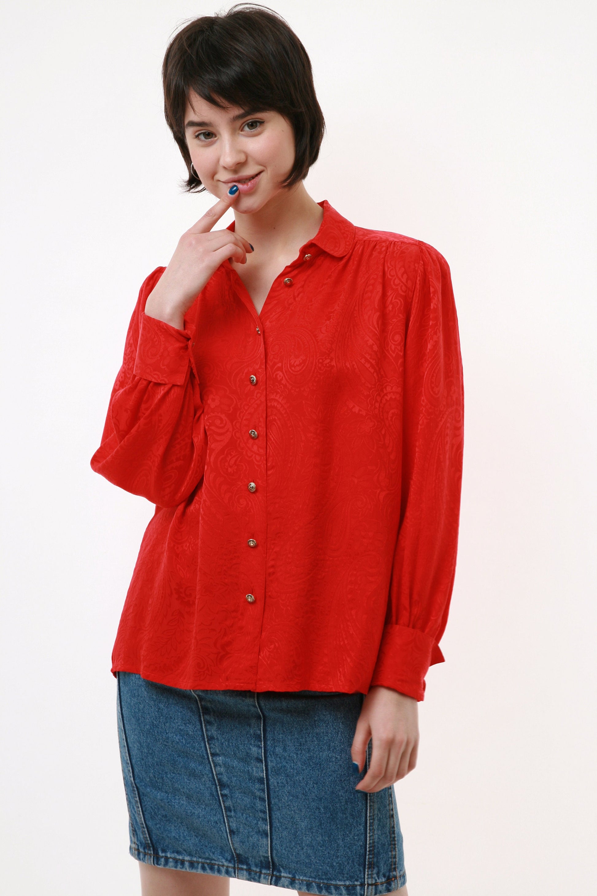 80s Vintage 100% SILK Natural Gold Buttons Up Long Sleeve Blouse Shirt in red 2335