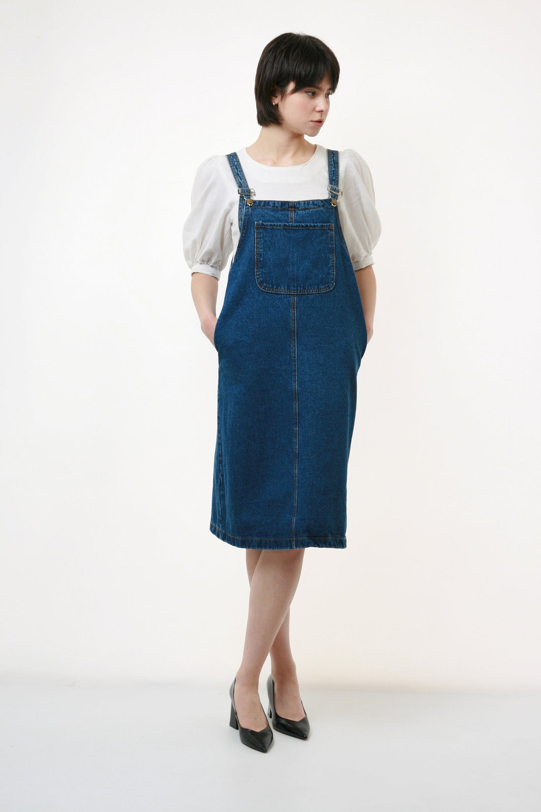 80s Vintage Vtg Rare Denim Dungaree Adjustable Straps 1 Pocket Mid Wash Dress Knee Length 2450 Girlfriend Gift Present