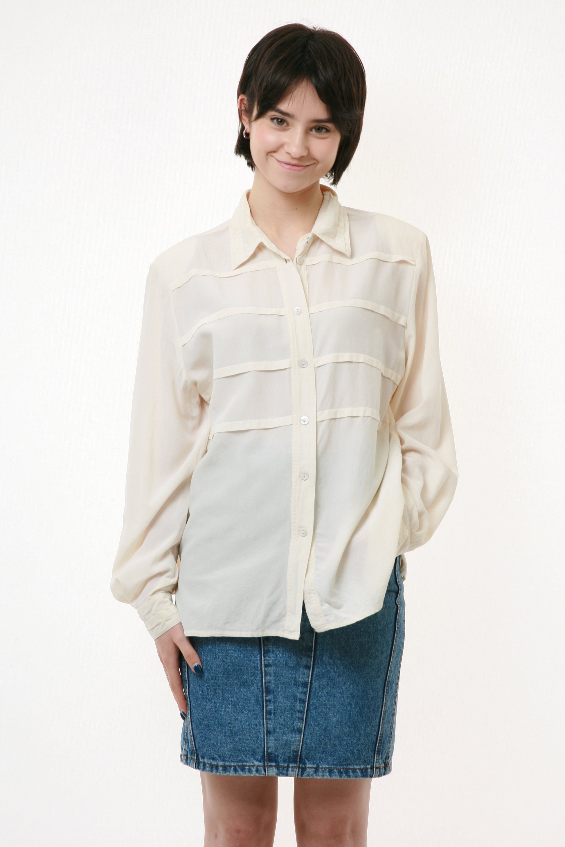 80s Vintage 100% SILK Natural Beige Buttons Up Long Sleeve Blouse Shirt Top Girl Girlfriend Gift 2486 size M Medium