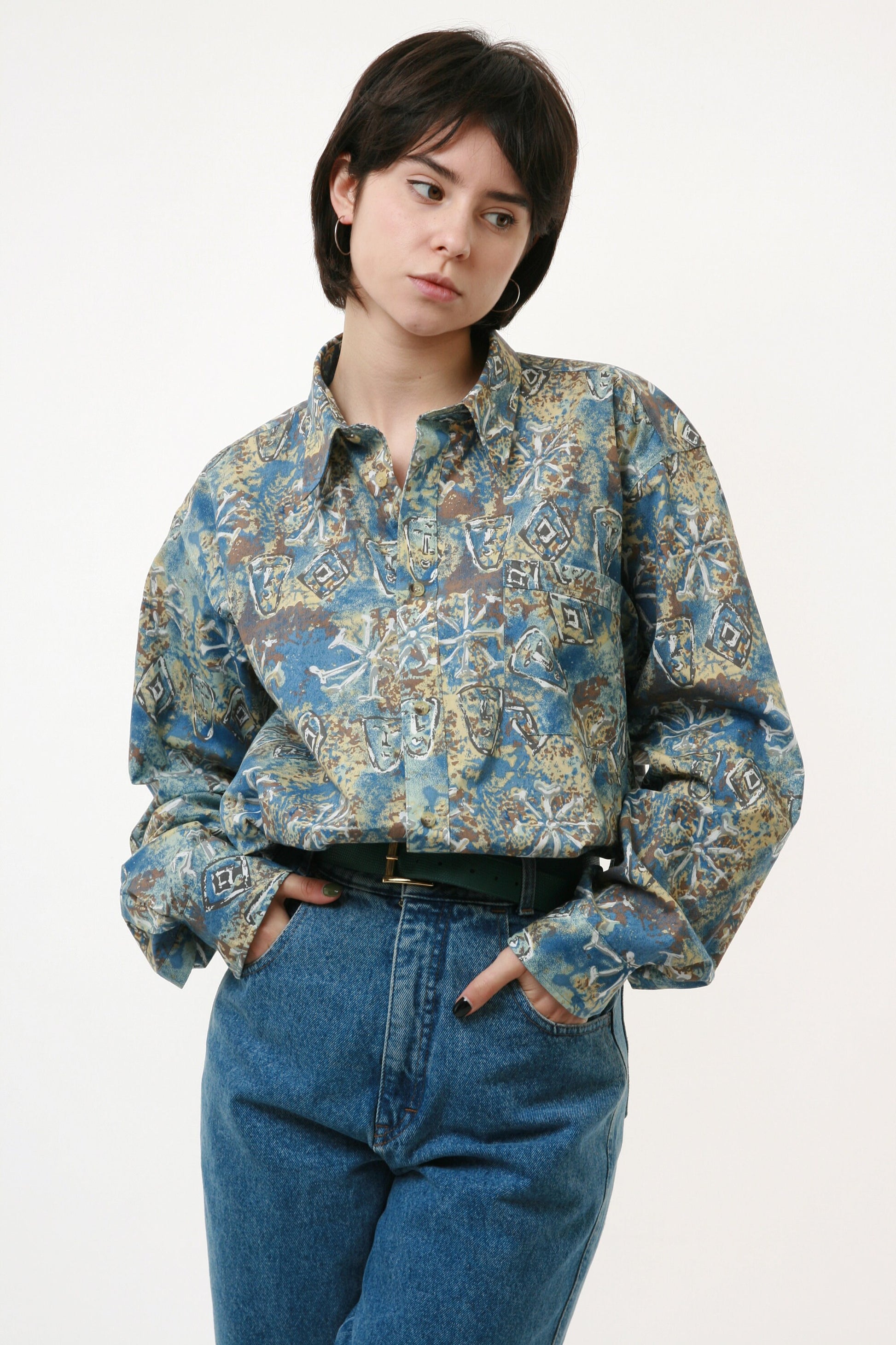 90s BREMO Vintage Abstract Pattern Geometric Print Buttons Up Long Sleeve Shirt Blouse Girlfriend Gift 18378