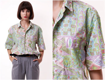 Cotton 90s Vintage Abstract Pattern Geometric Print Buttons Up Short Sleeve Shirt Blouse Girlfriend Gift 17352