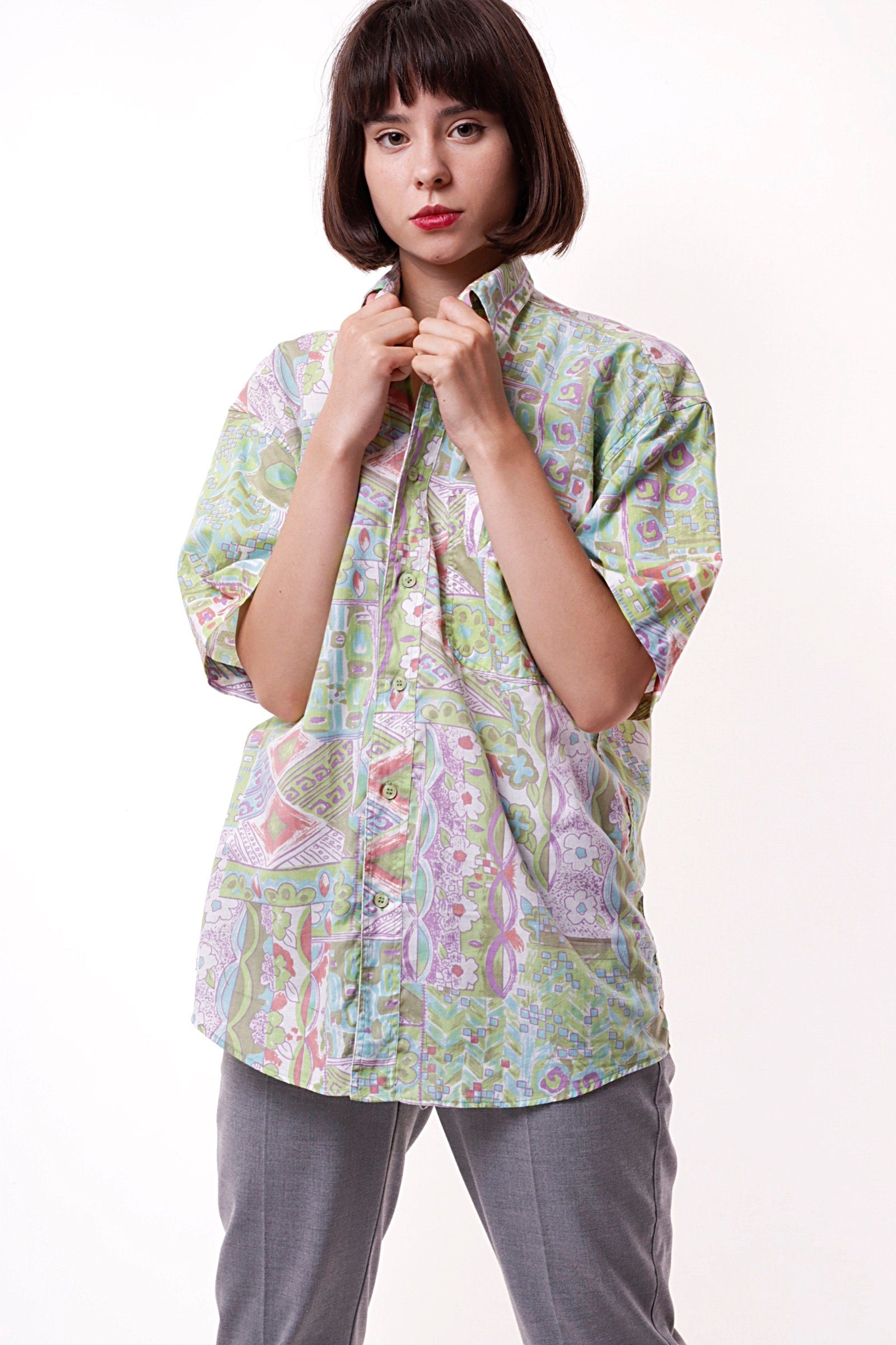 Cotton 90s Vintage Abstract Pattern Geometric Print Buttons Up Short Sleeve Shirt Blouse Girlfriend Gift 17352