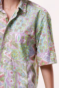 Cotton 90s Vintage Abstract Pattern Geometric Print Buttons Up Short Sleeve Shirt Blouse Girlfriend Gift 17352