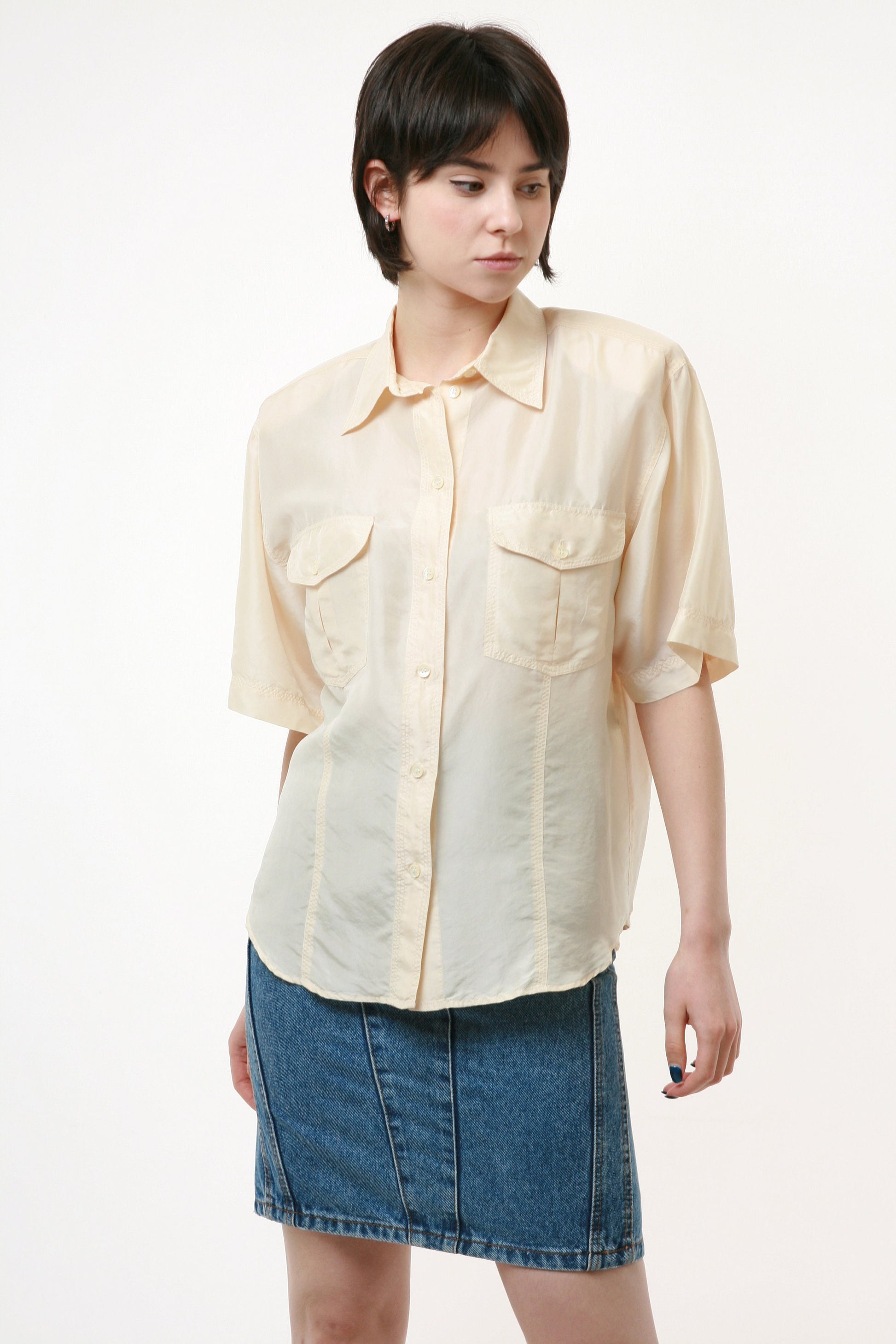 80s Vintage Vtg Rare 100% SILK Seta Seide Soie Natural Fabric Short Sleeve in Beige Shirt Buttons Up Blouse 2503