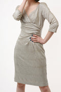 90s Silver Zip Mini Above the Knee Long Sleeves Pencil Evening Wrap Dress 2404 Girlfriend Gift