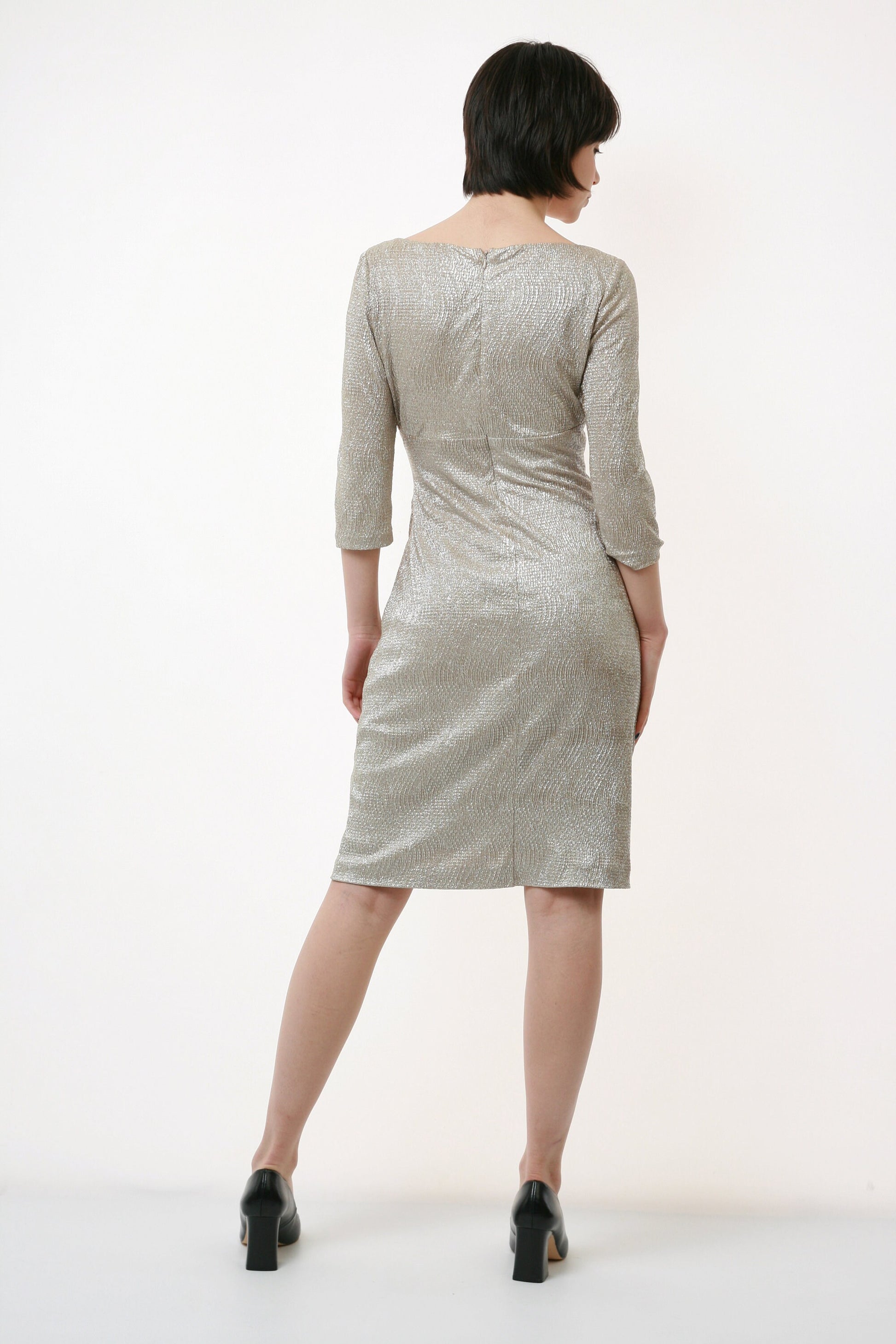 90s Silver Zip Mini Above the Knee Long Sleeves Pencil Evening Wrap Dress 2404 Girlfriend Gift