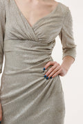 90s Silver Zip Mini Above the Knee Long Sleeves Pencil Evening Wrap Dress 2404 Girlfriend Gift