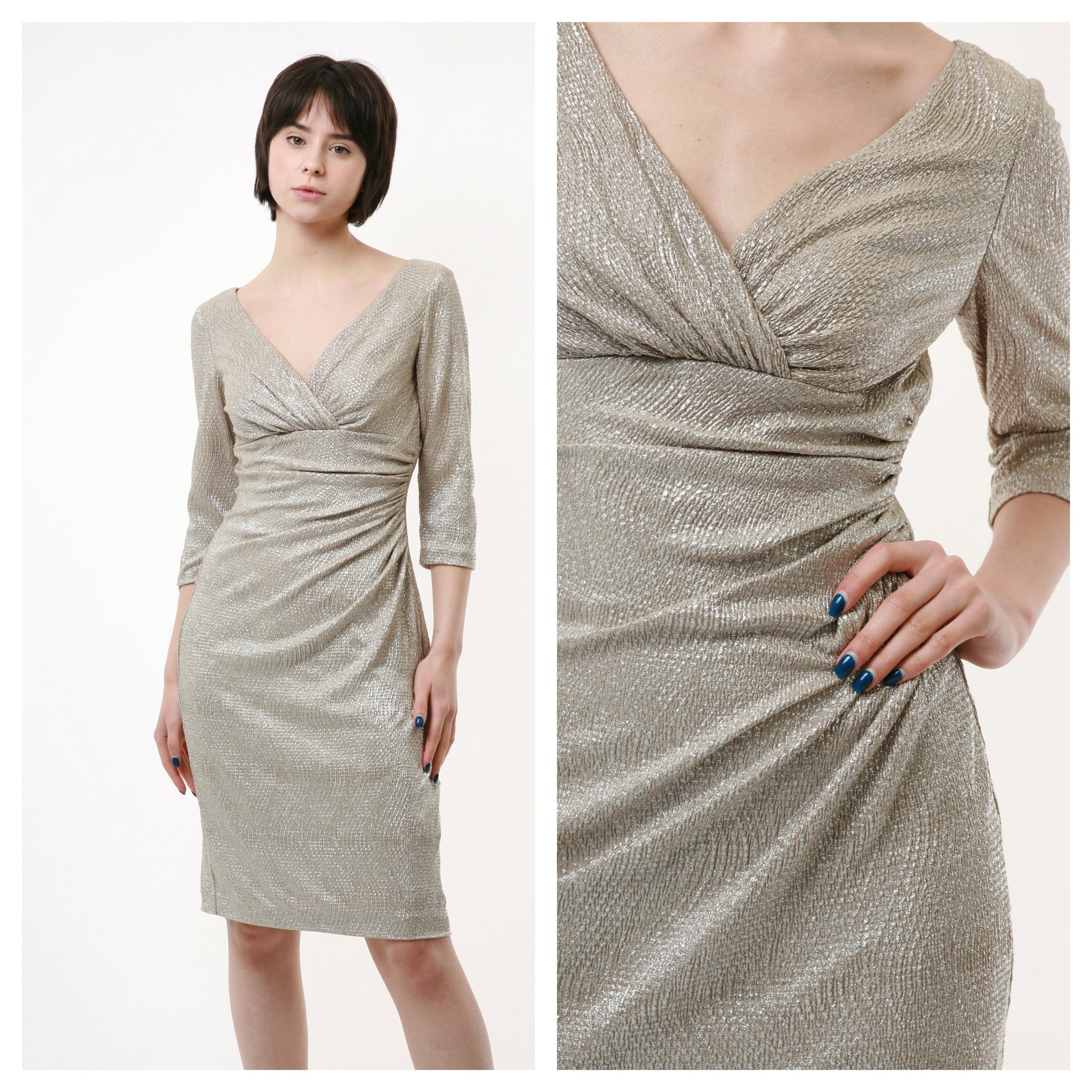 90s Silver Zip Mini Above the Knee Long Sleeves Pencil Evening Wrap Dress 2404 Girlfriend Gift