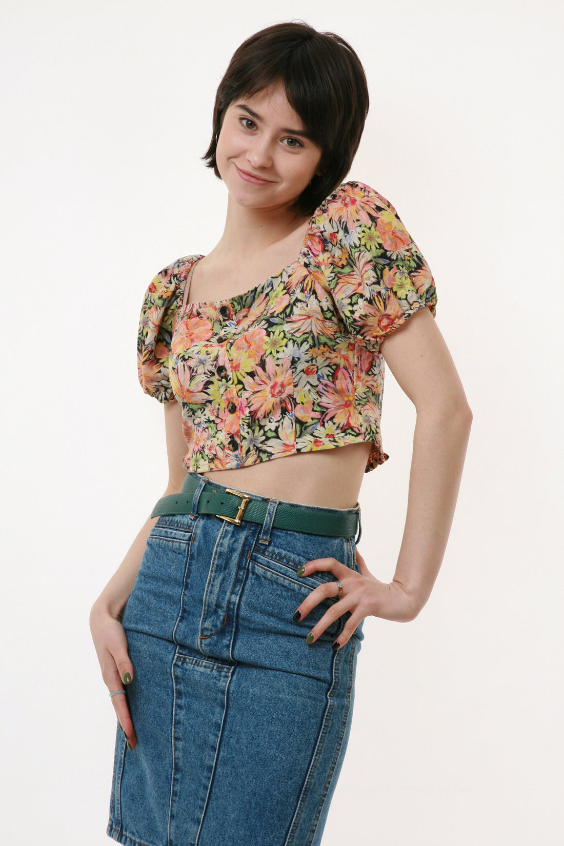 70s Vintage Foral Print Bavarian Linen Short Sleeve Crop Top Short Blouse Shirt 2570 Girlfriend Gift Present