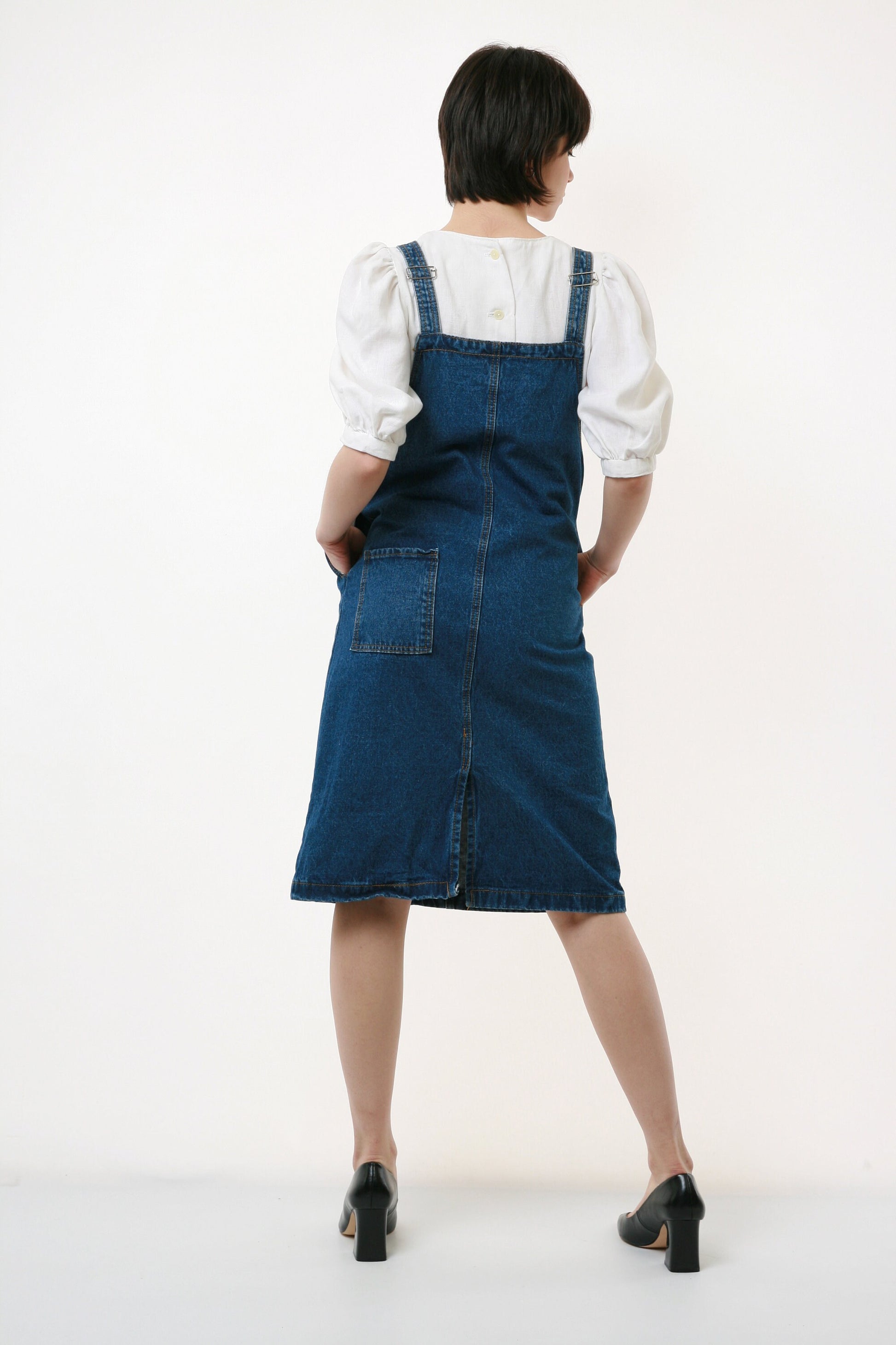 80s Vintage Vtg Rare Denim Dungaree Adjustable Straps 1 Pocket Mid Wash Dress Knee Length 2450 Girlfriend Gift Present