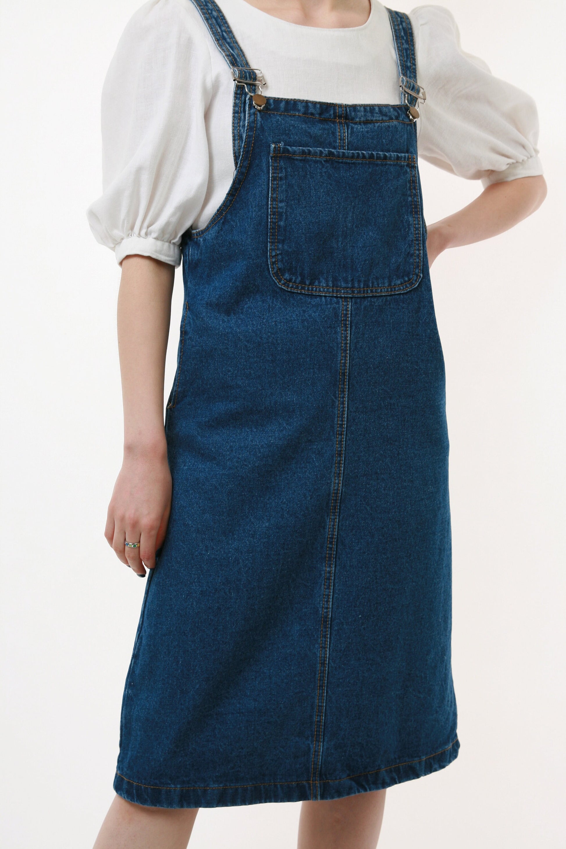 80s Vintage Vtg Rare Denim Dungaree Adjustable Straps 1 Pocket Mid Wash Dress Knee Length 2450 Girlfriend Gift Present