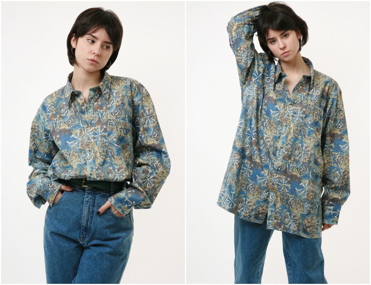 90s BREMO Vintage Abstract Pattern Geometric Print Buttons Up Long Sleeve Shirt Blouse Girlfriend Gift 18378