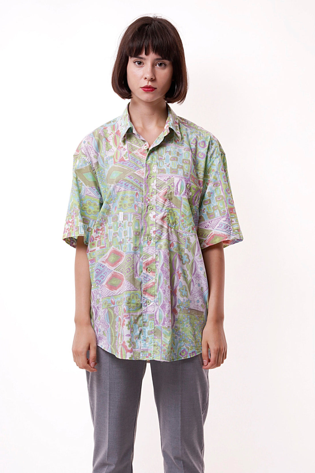 Cotton 90s Vintage Abstract Pattern Geometric Print Buttons Up Short Sleeve Shirt Blouse Girlfriend Gift 17352