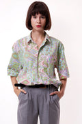 Cotton 90s Vintage Abstract Pattern Geometric Print Buttons Up Short Sleeve Shirt Blouse Girlfriend Gift 17352