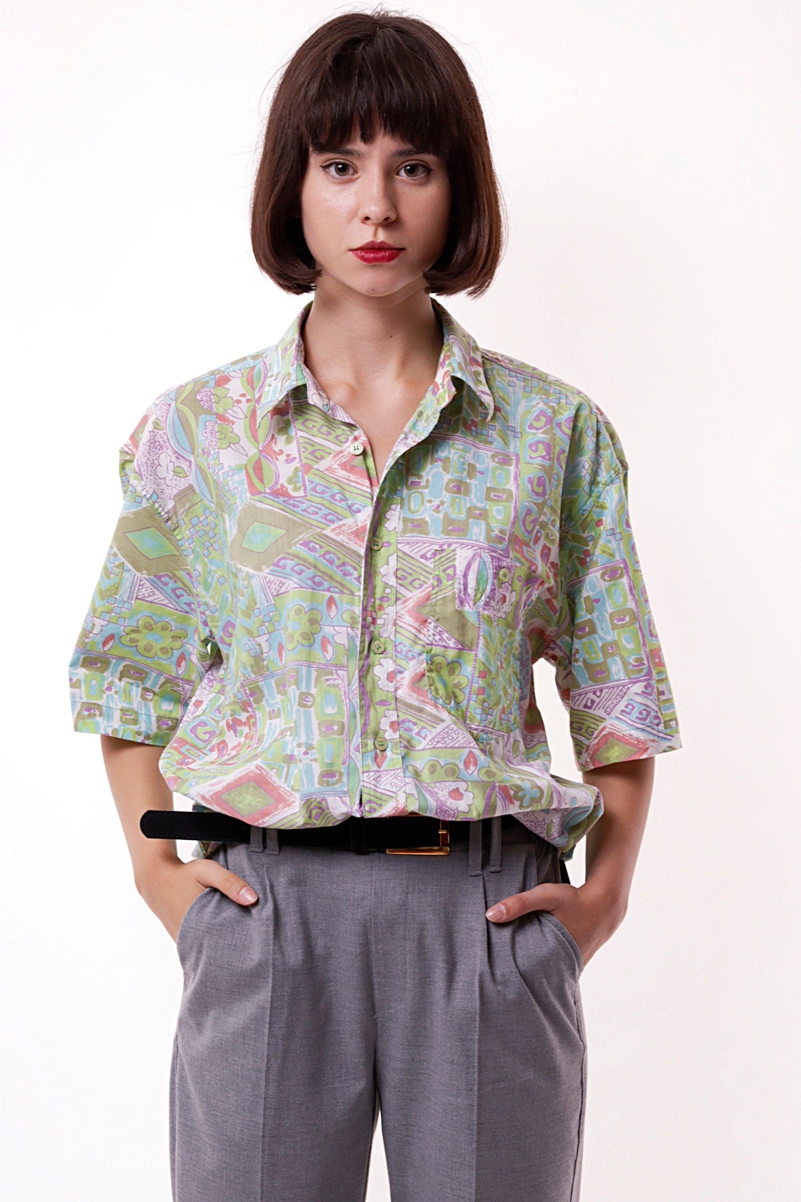 Cotton 90s Vintage Abstract Pattern Geometric Print Buttons Up Short Sleeve Shirt Blouse Girlfriend Gift 17352