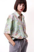 Cotton 90s Vintage Abstract Pattern Geometric Print Buttons Up Short Sleeve Shirt Blouse Girlfriend Gift 17352