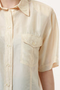 80s Vintage Vtg Rare 100% SILK Seta Seide Soie Natural Fabric Short Sleeve in Beige Shirt Buttons Up Blouse 2503