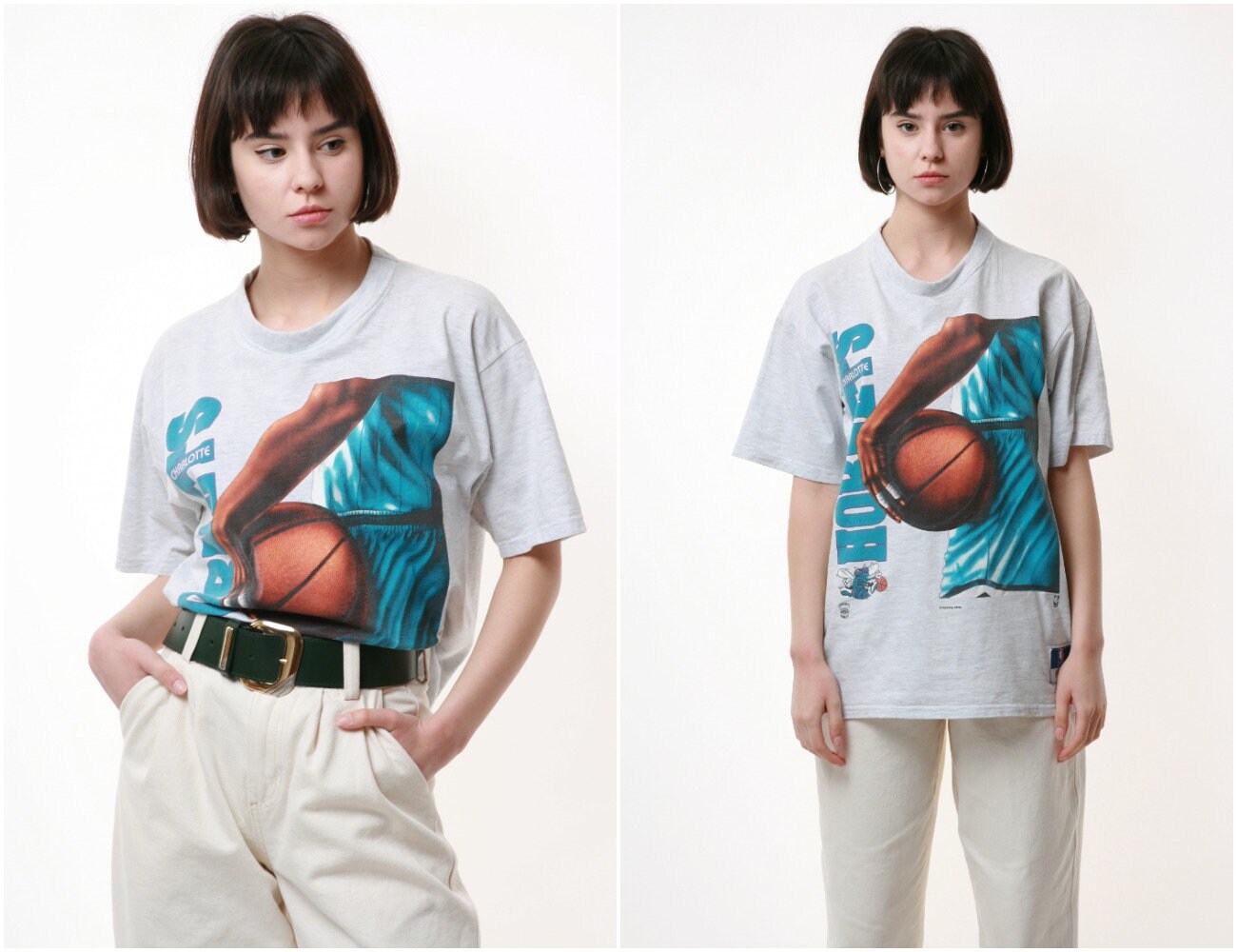 90s NBA HORNETS Vintage Oldschool Graphic Print Woman Clothing Logo Short Sleeves Girlfriend Gift Present T-shirt 17257